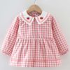 Pink Grid Baby Smock Infant Eating Inner Waterproof Bib Girls Long Sleeve Painting Smock Apron