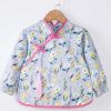 Chinese Style Baby Eating Bibs Inner Waterproof Kids Apron Girls Long Sleeve Painting Eating Smock,Blue Yellow Flowers