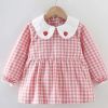 Pink Grid Baby Eating Smock Infant Inner Waterproof Bibs Girls Long Sleeve Painting Smock Apron